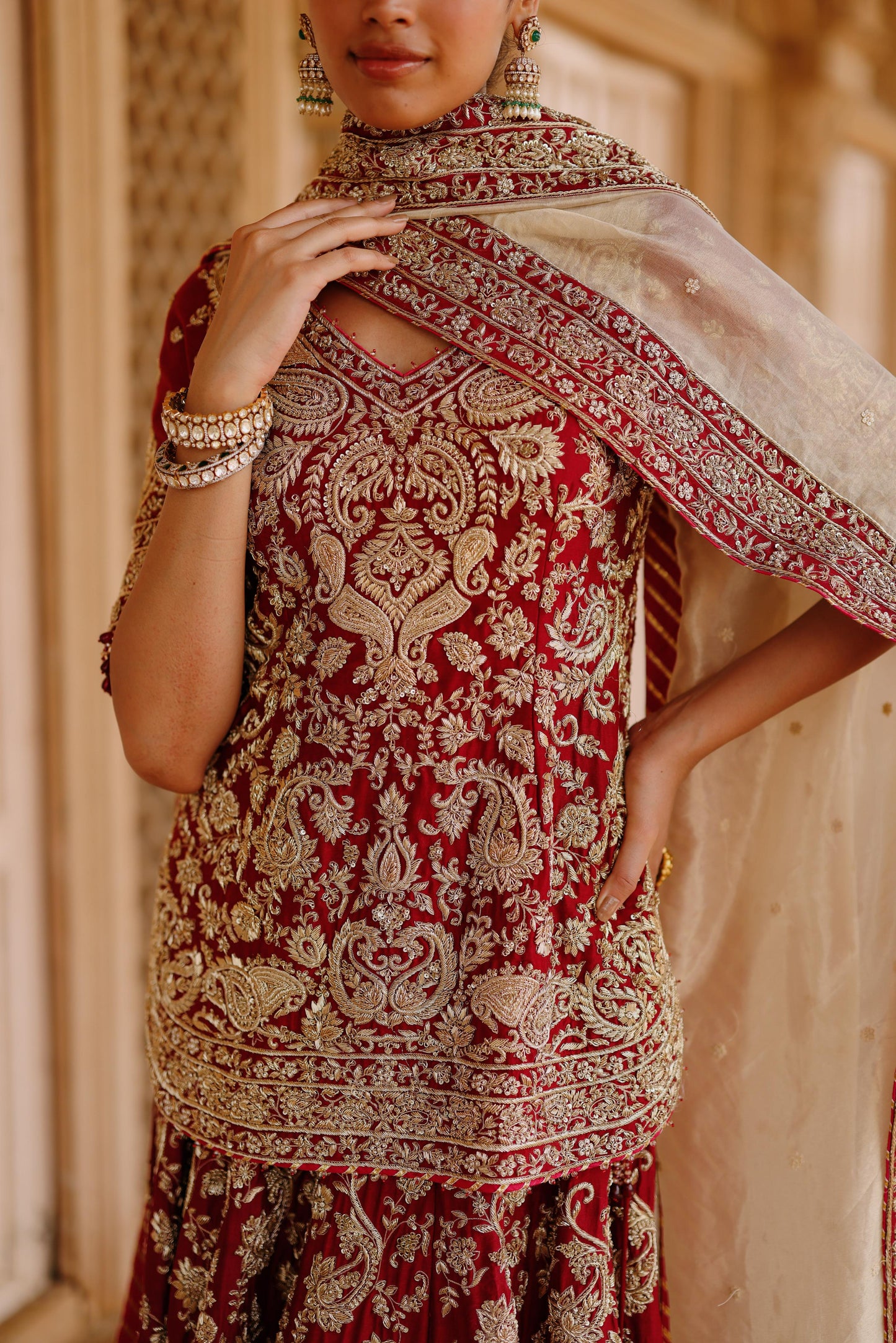 MERAB - DEEP RED KURTA SET WITH LEHENGA & DUPATTA