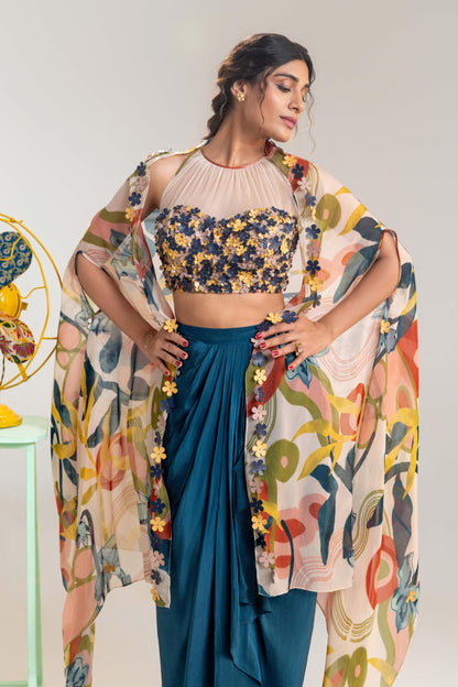 FLORA EMBROIDERED DRAPE SKIRT SET WITH A CAPE