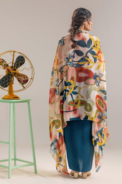 FLORA EMBROIDERED DRAPE SKIRT SET WITH A CAPE