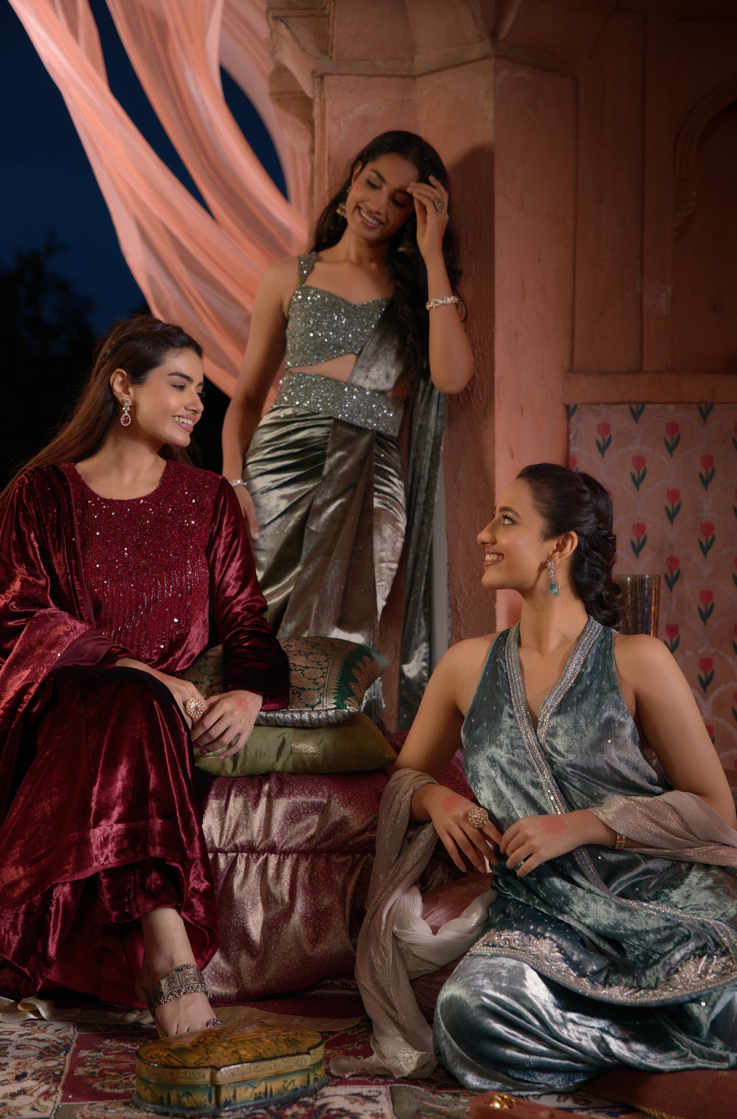 Velvet Blouse & Pre-Draped Saree with Sequin Work