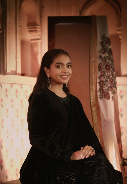 VELVET ANARKALI WITH VELVET PANTS AND HEAVY SEQUIN DUPATTA