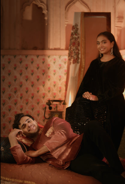 VELVET ANARKALI WITH VELVET PANTS AND HEAVY SEQUIN DUPATTA