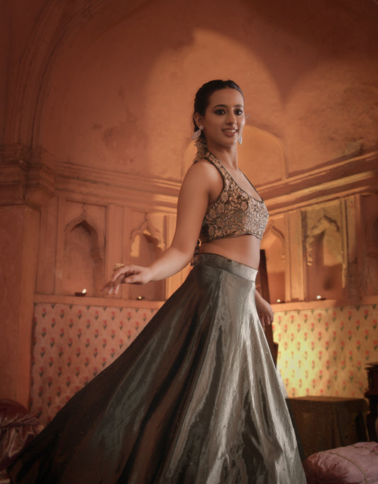 SEQUIN LEHENGA SET WITH HALTER BLOUSE & DETACHABLE JACKET