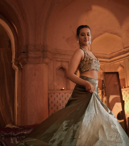 SEQUIN LEHENGA SET WITH HALTER BLOUSE & DETACHABLE JACKET