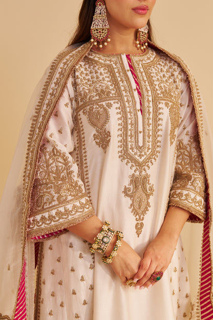 ZOYA - DABKA ZARDOZI EMBROIDERED RICH BANARASI KALIDAAR DAISY IVORY LONG CHAUGA SET