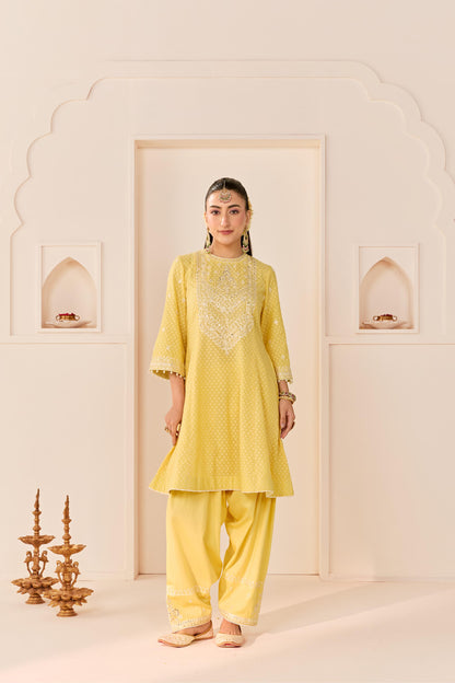 NIDA - LEMON YELLOW  SHORT CHOGA WITH FARSHI SALWAR AND DUPATTA