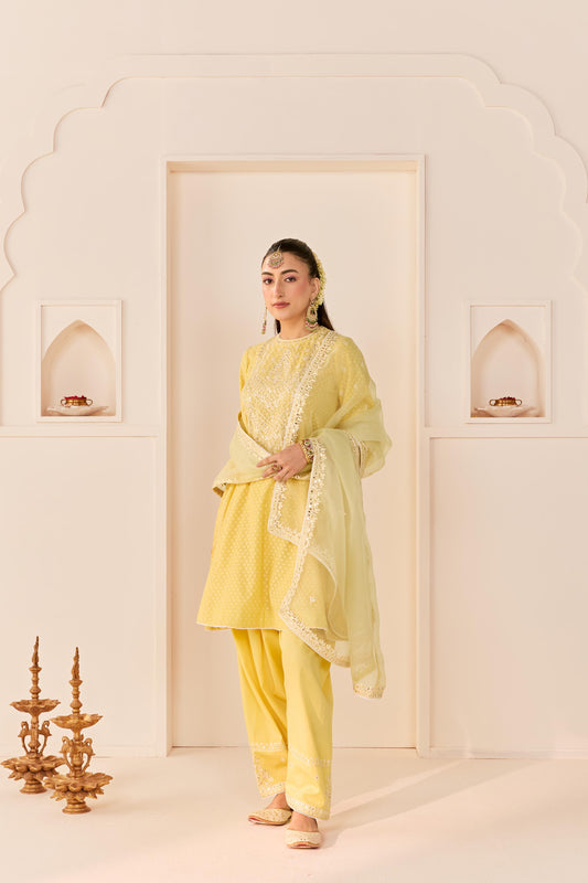 NIDA - LEMON YELLOW  SHORT CHOGA WITH FARSHI SALWAR AND DUPATTA