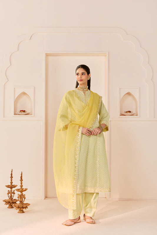 FIRDAUS - MINT GREEN LONG KALIDAAR CHAUGA WITH DOGRI SALWAR AND DUPATTA