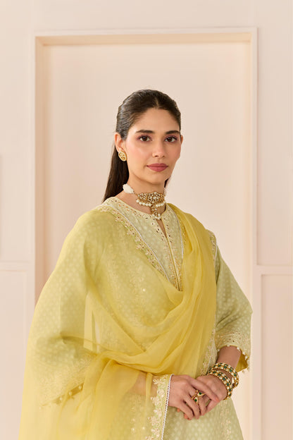 FIRDAUS - MINT GREEN LONG KALIDAAR CHAUGA WITH DOGRI SALWAR AND DUPATTA