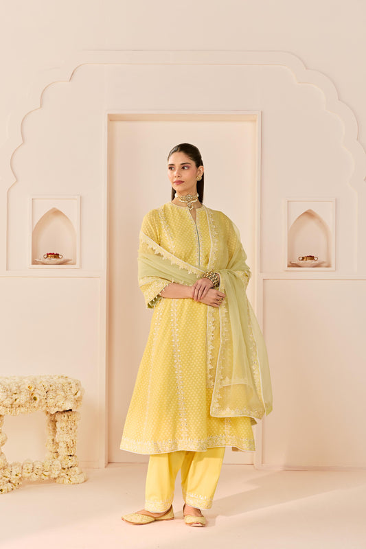FIRDAUS -LEMON YELLOW LONG KALIDAAR CHAUGA WITH DOGRI SALWAR AND DUPATTA