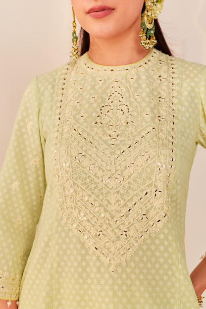 NIDA -  MINT GREEN SHORT CHOGA WITH FARSHI SALWAR AND DUPATTA