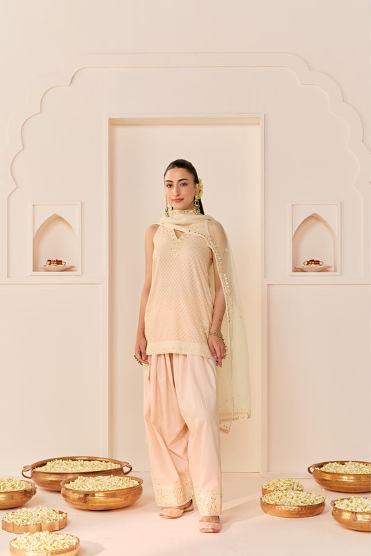 MIRAL - CARNATION PINK SHORT KURTA WITH FARSI SALWAR AND DUPATTA