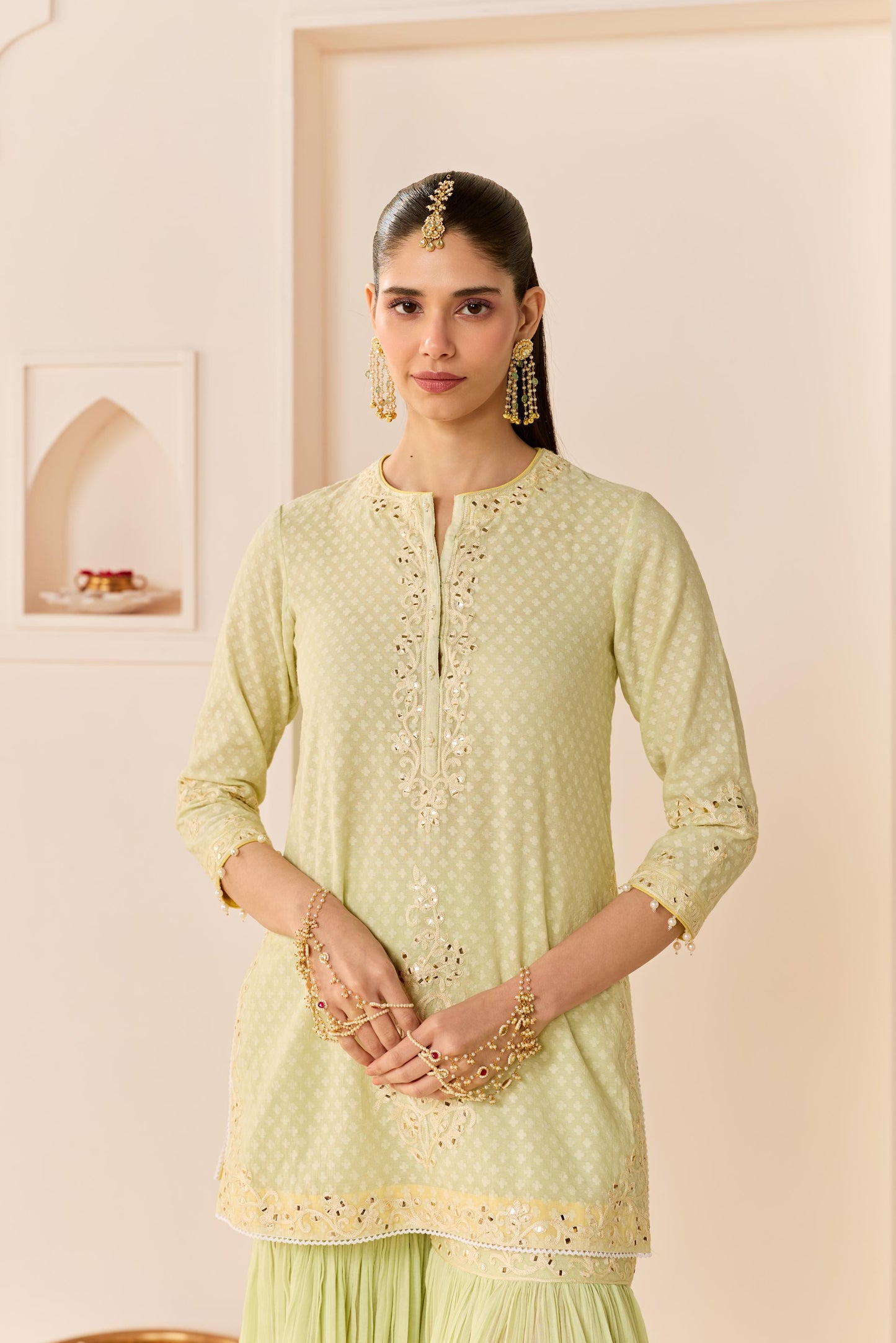 YASNEEN - MINT GREEN SHORT KURTA WITH GARARA AND DUPATTA