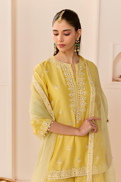 REHMA - LEMON YELLOW SHORT KURTA WITH SHARARA AND DUPATTA