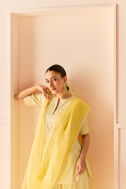 ANAISHA - LEMON YELLOW SHORT KURTA WITH FARSHI SALWAR AND DUPATTA