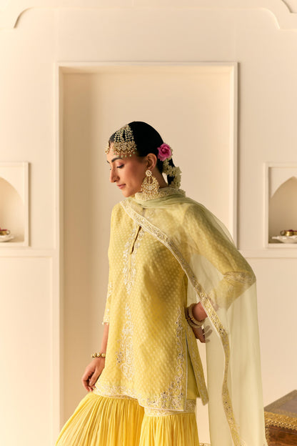 YASNEEN - LEMON YELLOW SHORT KURTA WITH GARARA AND DUPATTA