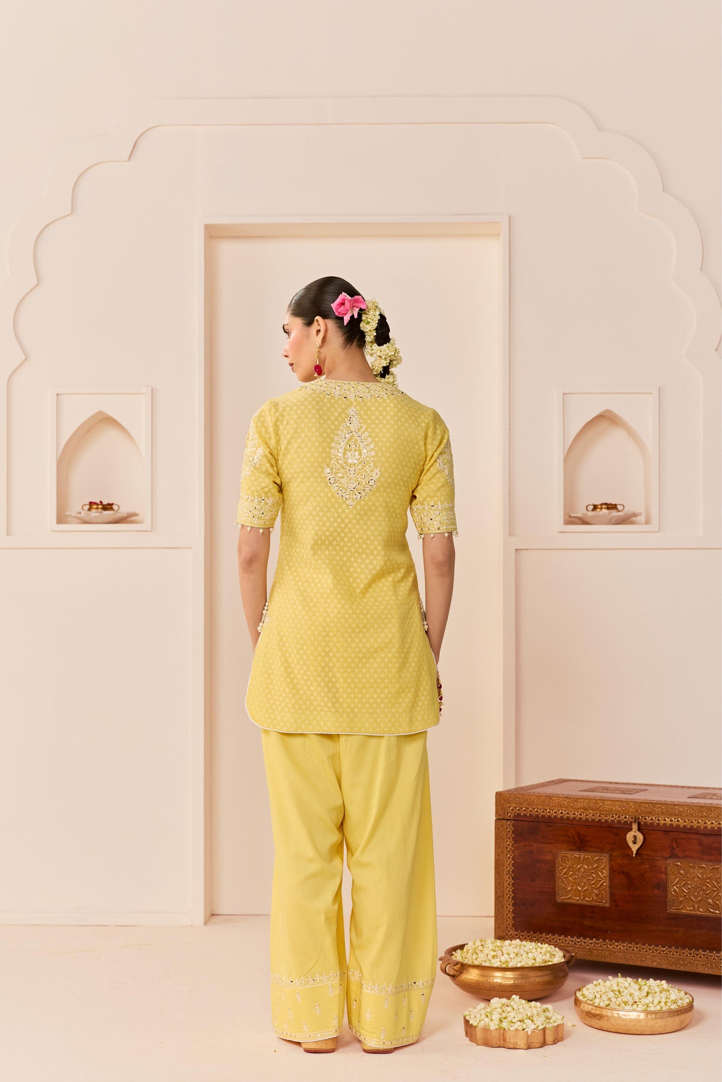ANAISHA - LEMON YELLOW SHORT KURTA WITH FARSHI SALWAR AND DUPATTA