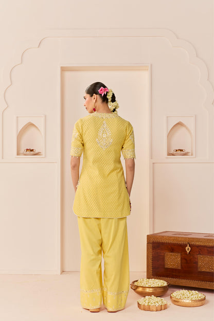 ANAISHA - LEMON YELLOW SHORT KURTA WITH FARSHI SALWAR AND DUPATTA