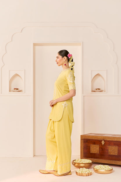 ANAISHA - LEMON YELLOW SHORT KURTA WITH FARSHI SALWAR AND DUPATTA