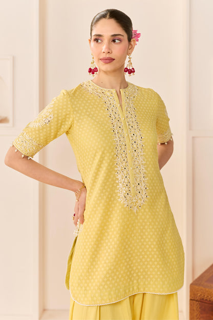 ANAISHA - LEMON YELLOW SHORT KURTA WITH FARSHI SALWAR AND DUPATTA