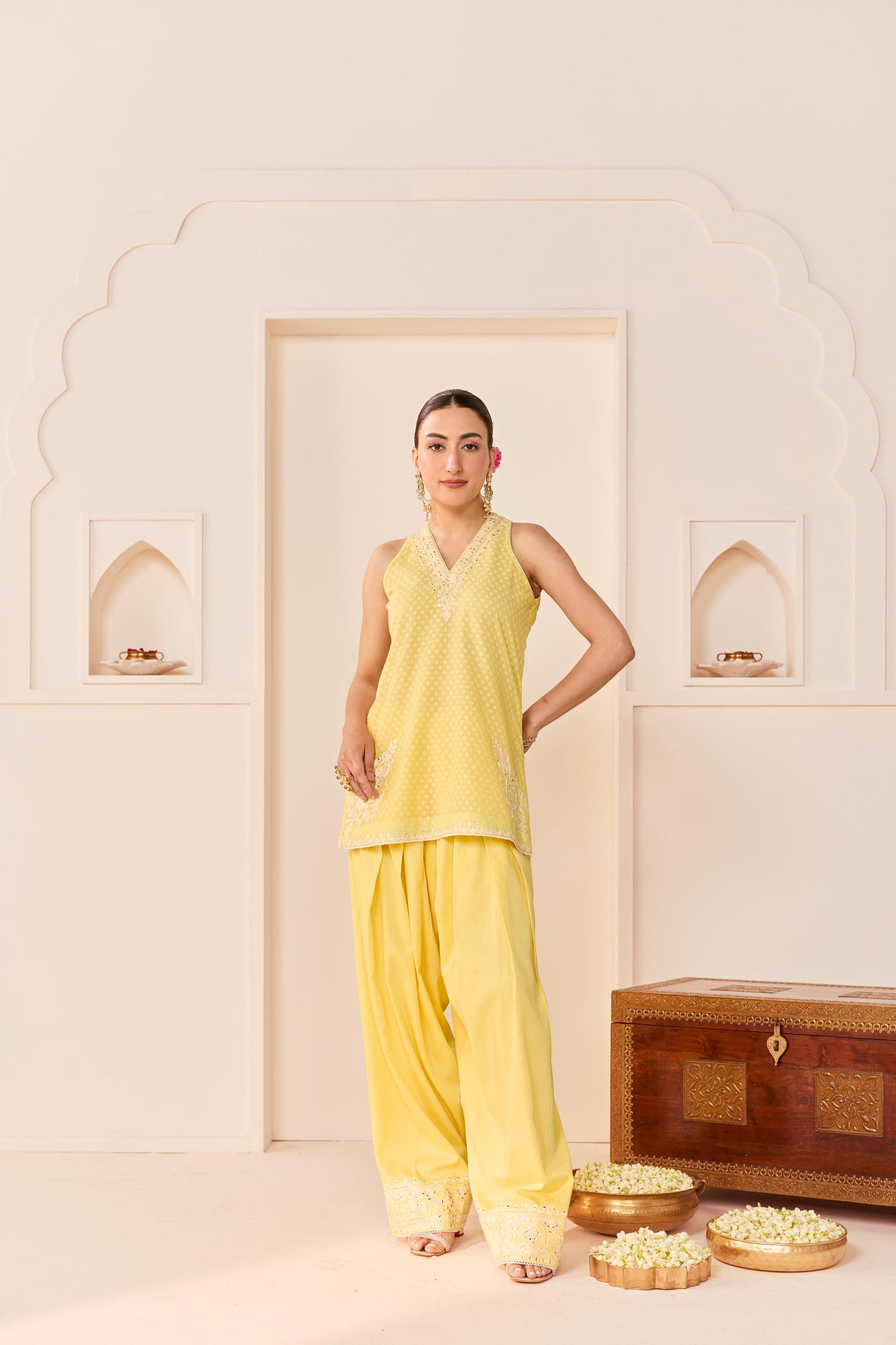 MIRAL - LEMON YELLOW SHORT KURTA WITH FARSI SALWAR AND DUPATTA