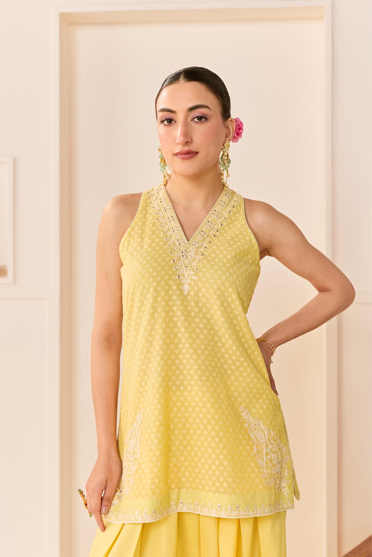 MIRAL - LEMON YELLOW SHORT KURTA WITH FARSI SALWAR AND DUPATTA