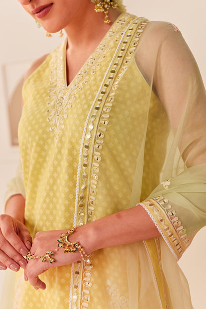 MIRAL - LEMON YELLOW SHORT KURTA WITH FARSI SALWAR AND DUPATTA