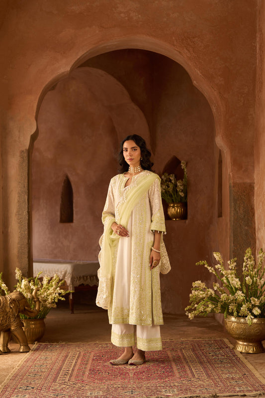 NURVI - DAISY IVORY WITH MINT GREEN LONG A-LINE KURTA WITH PALAZZO AND DUPATTA