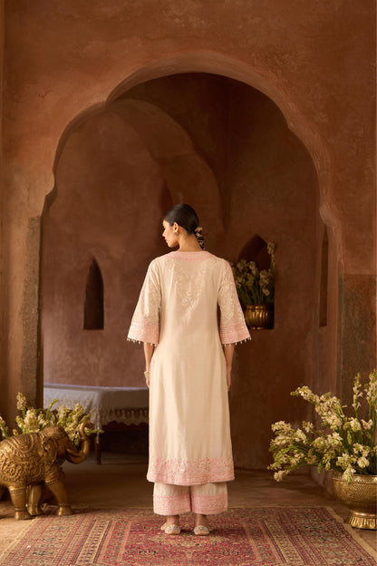 NURVI - DAISY IVORY WITH PINK LONG A-LINE KURTA WITH PALAZZO AND DUPATTA