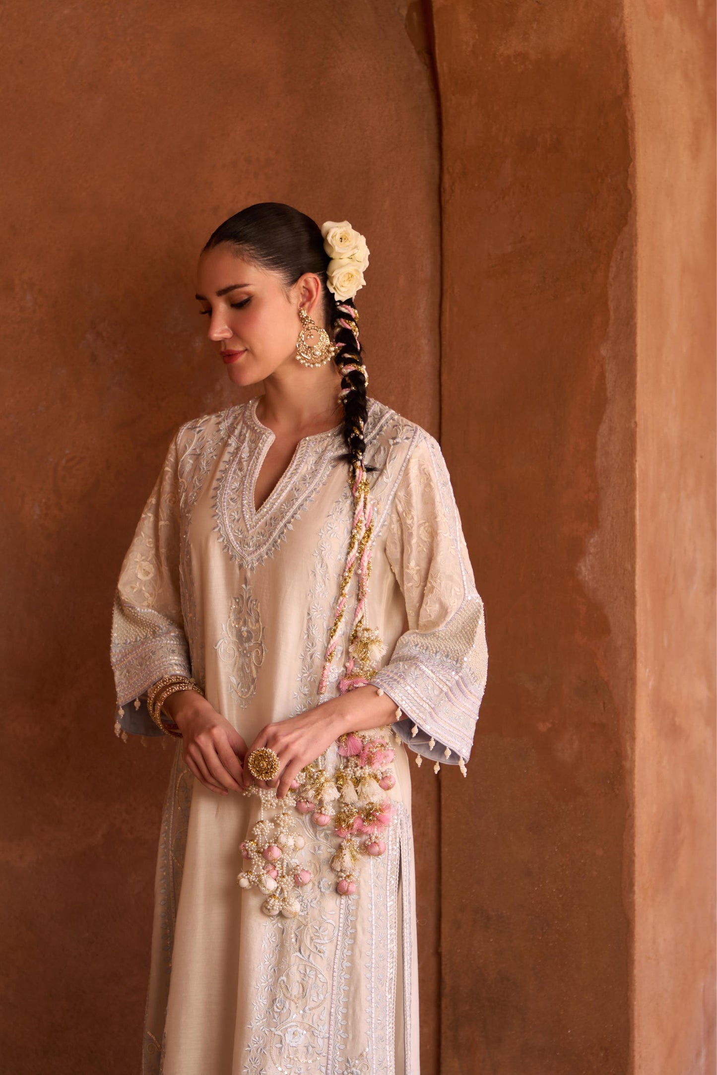 NURVI - DAISY IVORY WITH BLUE LONG A-LINE KURTA WITH PALAZZO AND DUPATTA