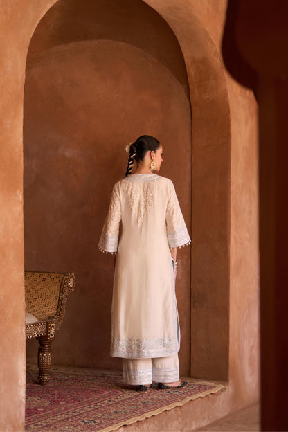 NURVI - DAISY IVORY WITH BLUE LONG A-LINE KURTA WITH PALAZZO AND DUPATTA