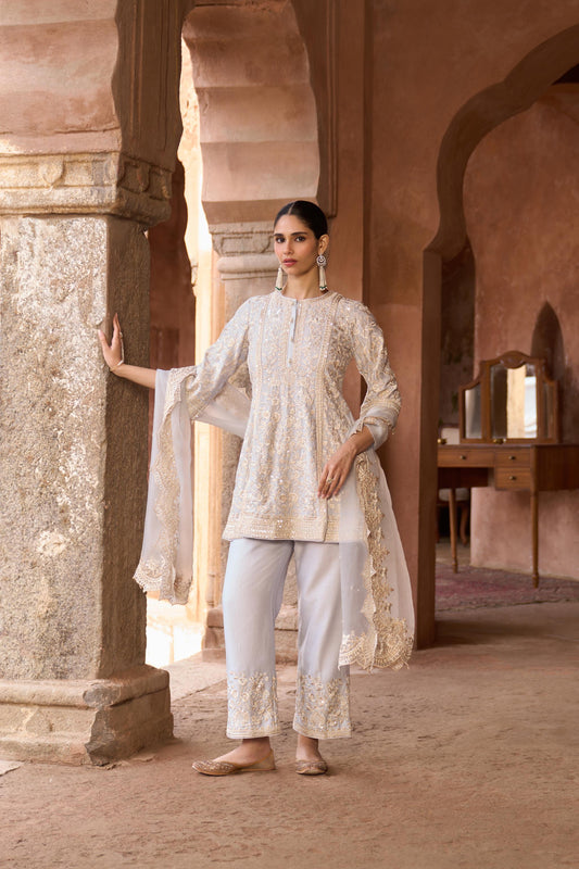 SABOOR - BLUE SHORT A-LINE KURTA WITH STRAIGHT PANTS AND DUPATTA