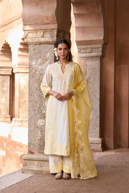 NURVI - DAISY IVORY WITH LEMON YELLOW LONG A-LINE KURTA WITH PALAZZO AND DUPATTA