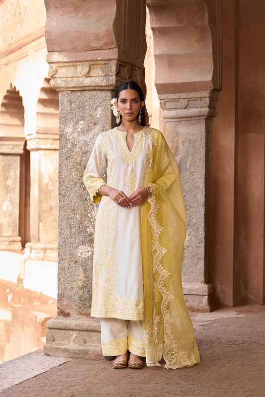 NURVI - DAISY IVORY WITH LEMON YELLOW LONG A-LINE KURTA WITH PALAZZO AND DUPATTA