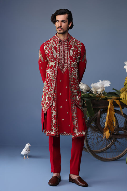 HEER PICHWAI RESHAM HOT PINK KURTA JACKET SET