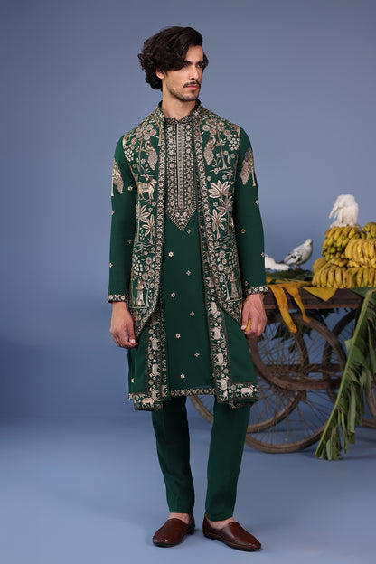 AZAN PICHWAI ZARI BOTTLE GREEN KURTA SET