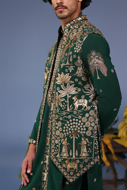 AZAN PICHWAI ZARI BOTTLE GREEN KURTA SET
