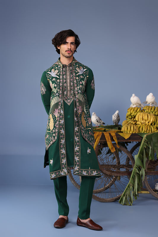 AZLAAN WILD GRACE BOTTLE GREEN KURTA JACKET SET
