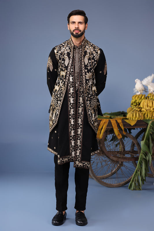 ZUBIR PICHWAI ZARI BLACK KURTA JACKET SET