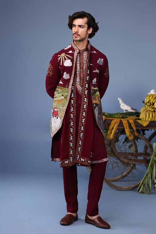 MUSAAFIR WINE KURTA JACKET SET