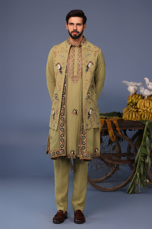 FIRAS MACAW MEHNDI KURTA JACKET SET