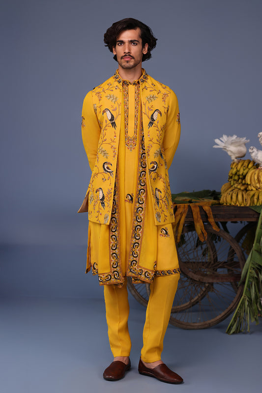 FIZAN MACAW HALDI KURTA JACKET SET