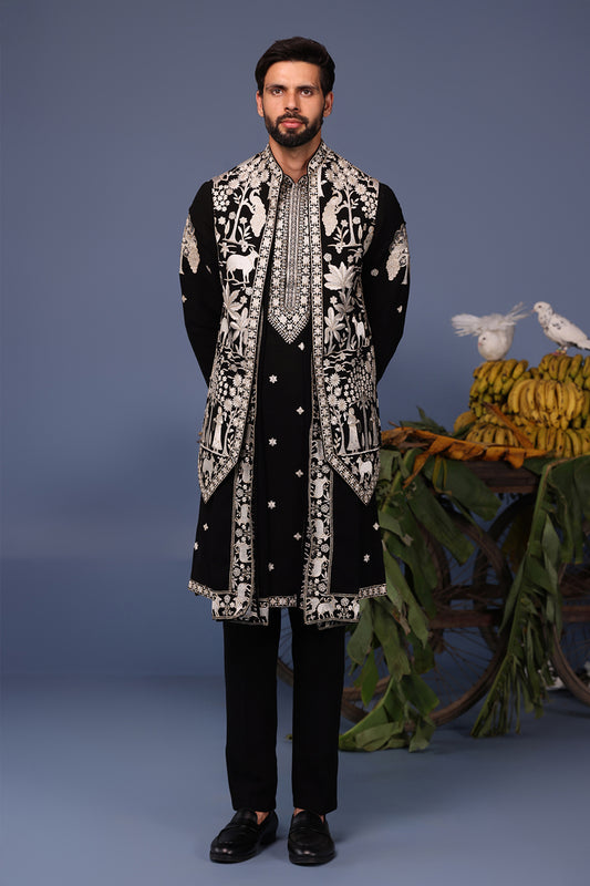 TALHA PICHWAI RESHAM BLACK KURTA JACKET SET