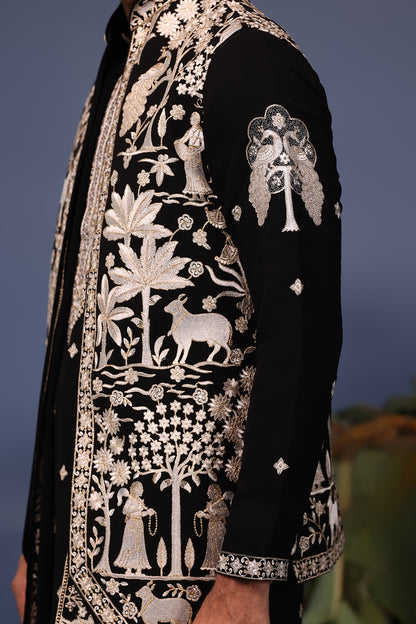 TALHA PICHWAI RESHAM BLACK KURTA JACKET SET