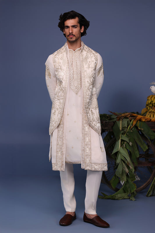 HAYAN PICHWAI RESHAM IVORY KURTA JACKET SET