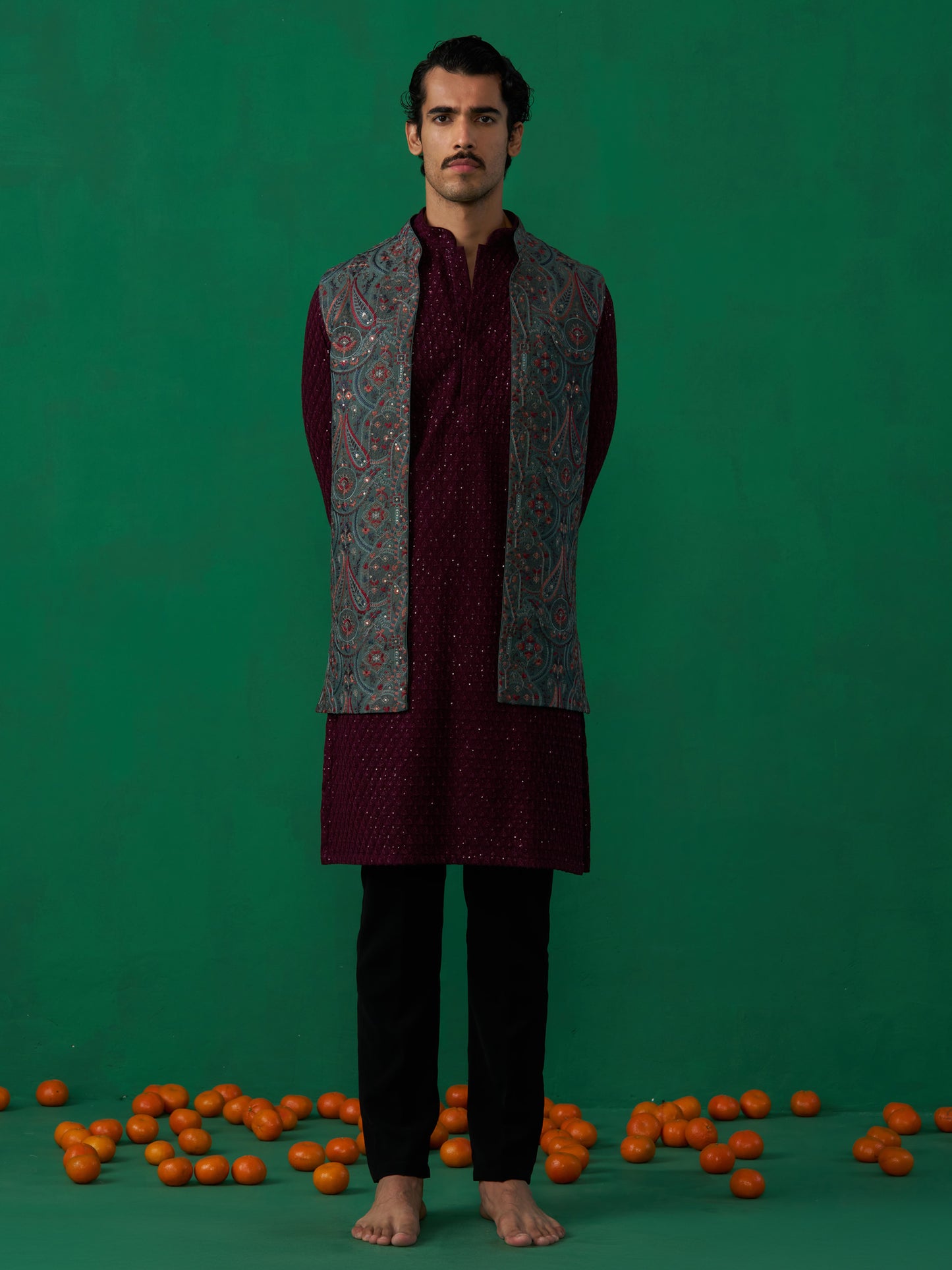 KASHMIRI MEHNDI KURTA JACKET SET
