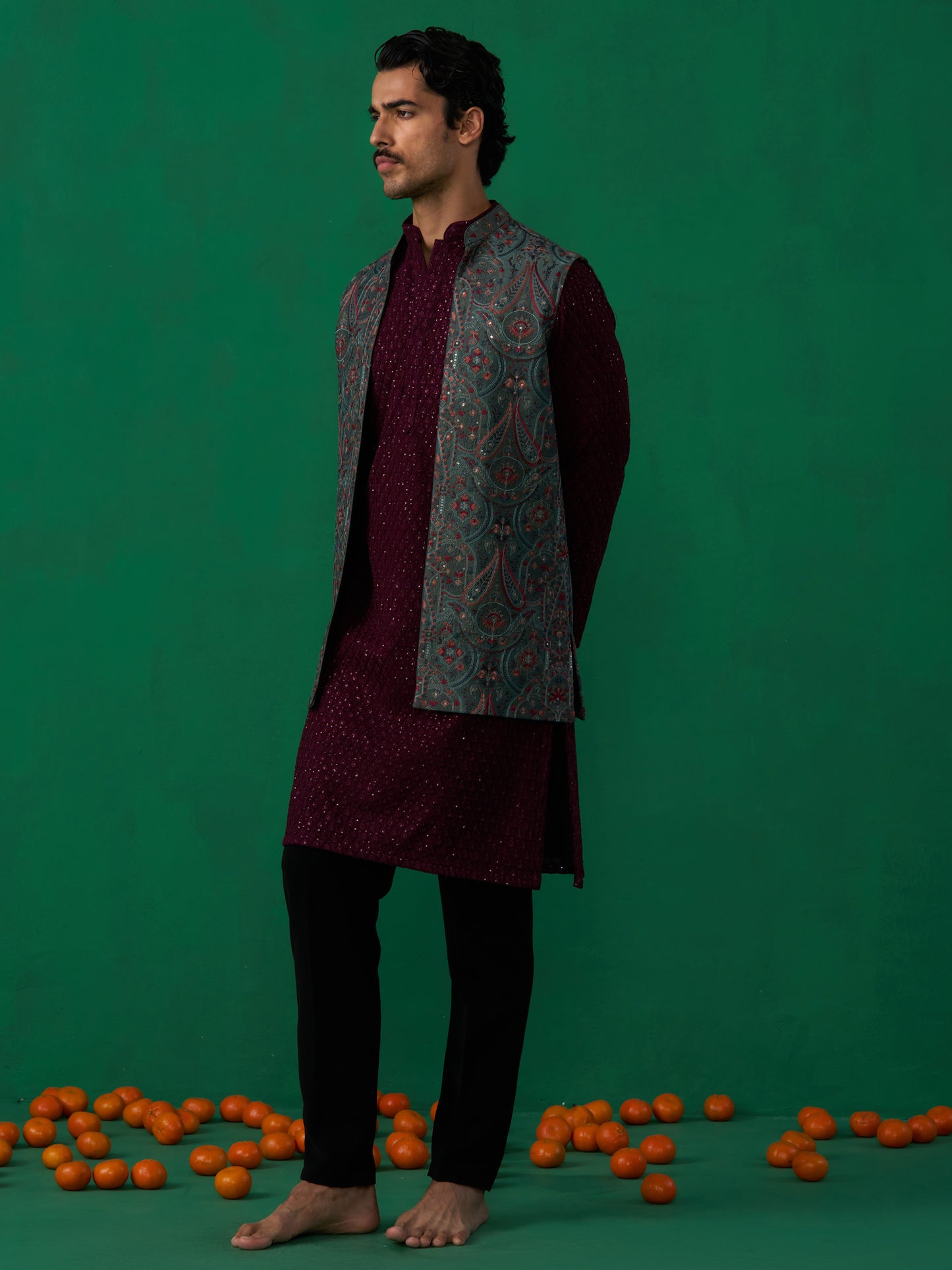 KASHMIRI MEHNDI KURTA JACKET SET