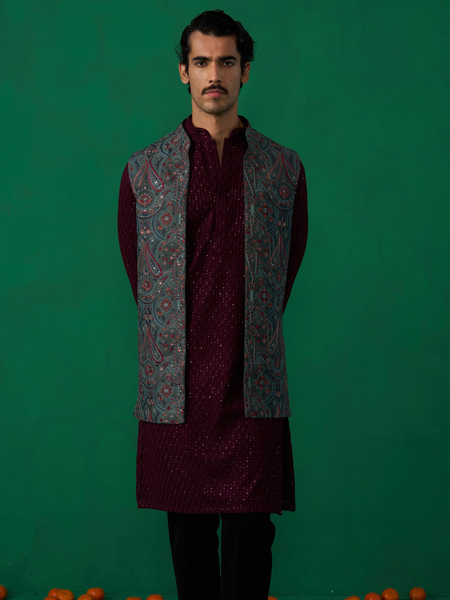 KASHMIRI MEHNDI KURTA JACKET SET