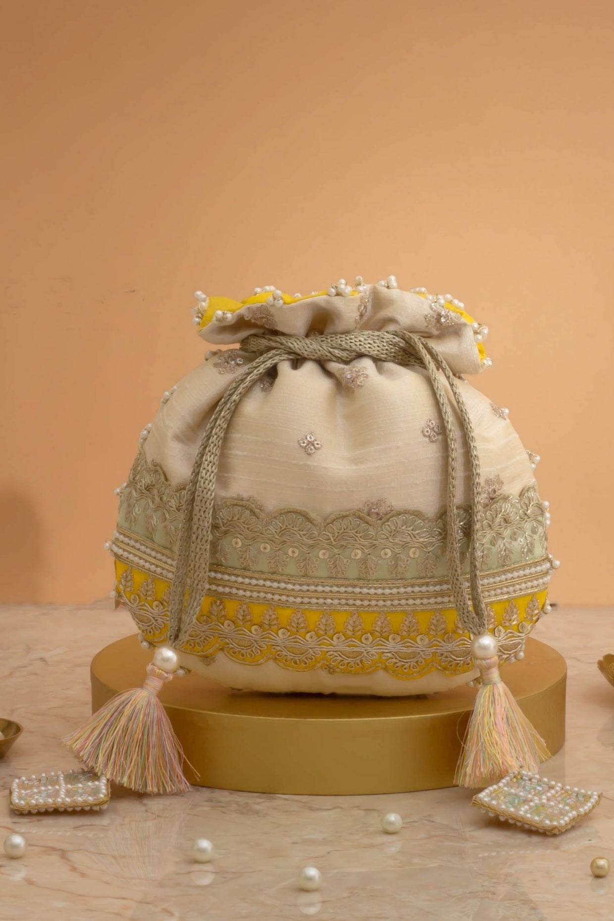 VIBHA EMBROIDERED POTLI - MINT & YELLOW