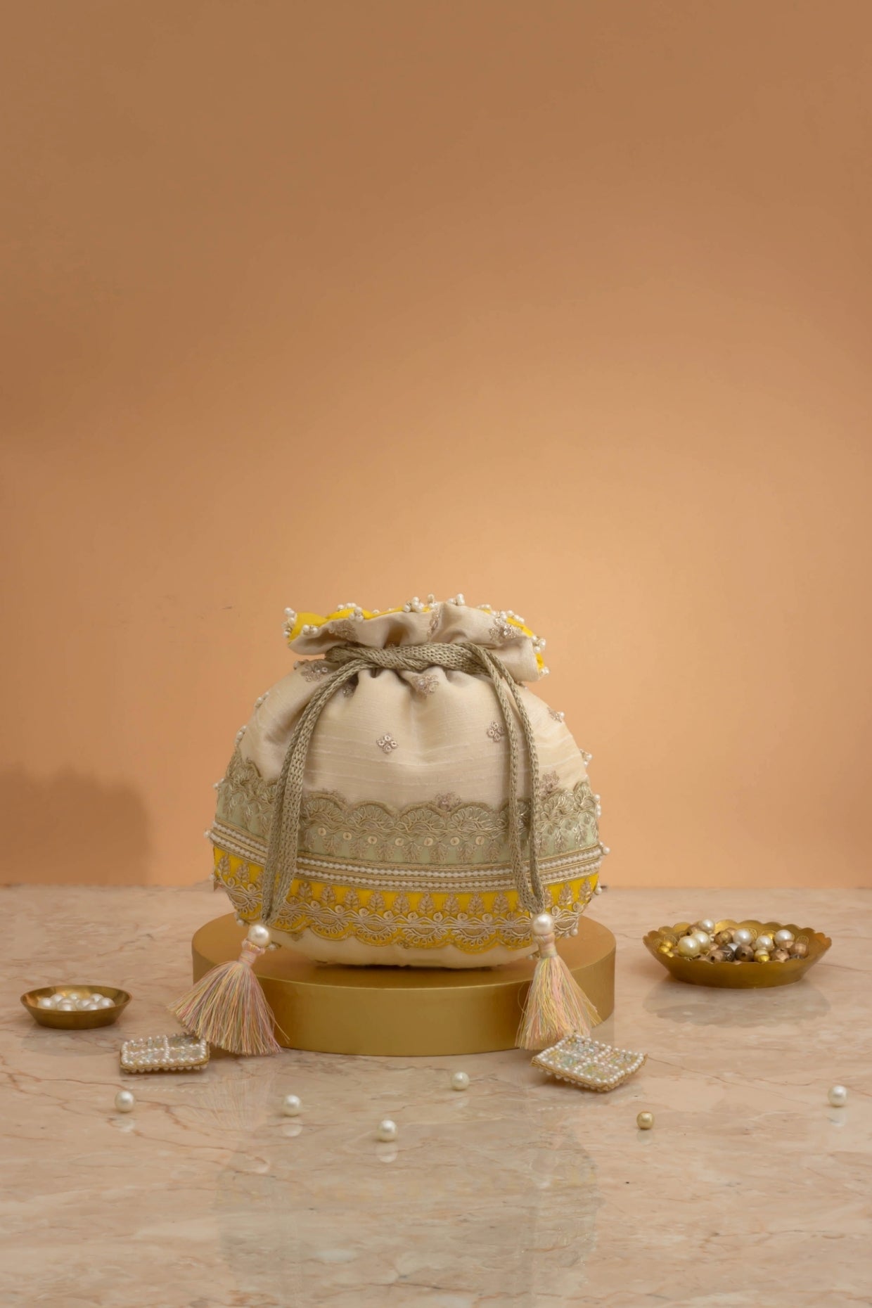 VIBHA EMBROIDERED POTLI - MINT & YELLOW